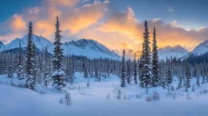 Wall Mural - snowy mountains and evergreens under sunset sky.
