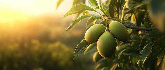 Wall Mural - Sunlight filters through the leaves of a tree, illuminating green fruit hanging from a branch.