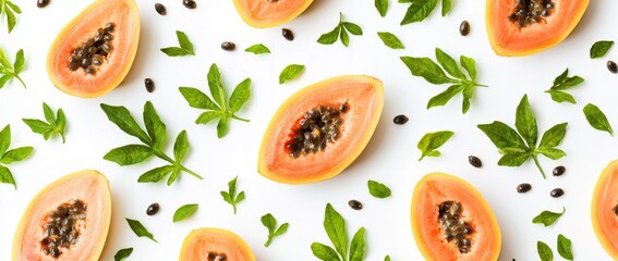 Wall Mural - A papaya sliced in two, revealing black seeds, accompanied by green leaves on a white backdrop.