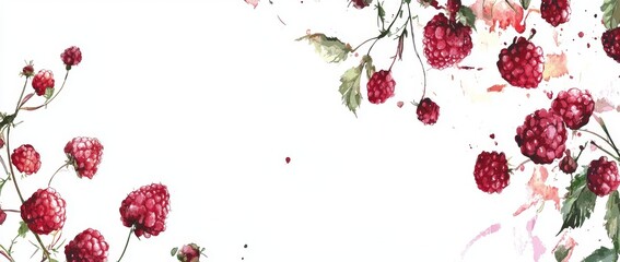 Wall Mural - An illustration in watercolor of juicy raspberries on a stem, surrounded by green leaves.