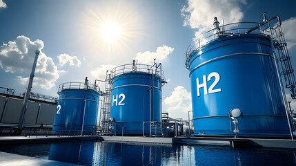 Wall Mural - realistic 3d rendering of hydrogen storage tanks at a production plant under a bright blue sky and s