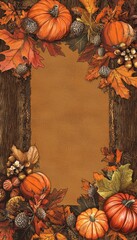 Wall Mural - Autumn Greeting Card Template with Foliage and Pumpkins for Thanksgiving and Fall Celebrations