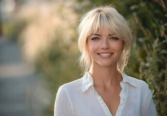 Sticker - European happy blond adult woman looking to camera. Smiling face of beautiful mid aged female person dressed in white summer shirt. Outdoors