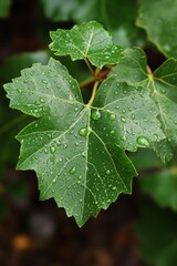 Wall Mural - Fresh green leaves display droplets of rainwater, showcasing nature's beauty after a recent downpour in a vibrant garden area