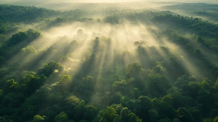 Wall Mural - Soft rays of sunlight penetrate the thick jungle canopy, creating a magical atmosphere over the verdant landscape during early morning in a tropical rainforest