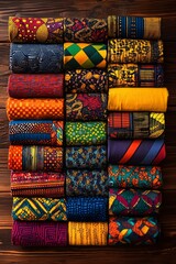 A stunning array of African fabric showcases vibrant colors and intricate patterns, elegantly rolled and arranged on a wooden table, reflecting cultural artistry