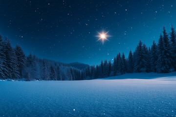 Winter wonderland illuminated by a bright star in a serene landscape