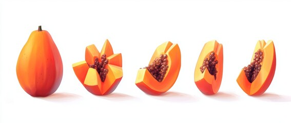 Wall Mural - A group of four papayas, consisting of two whole and two halves, with visible black seeds, isolated on white.