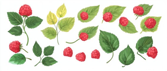 Wall Mural - Fresh red raspberries with green leaves, isolated on a pristine white background.