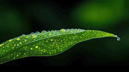 Wall Mural -   Close-up of a green leaf with water droplets on its leaves against a black backdrop