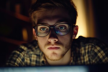 Focused Coder Burning Midnight Oil: Late Night Remote Work by a Dedicated Programmer in Glasses, Typing Code Under Deadline Pressure