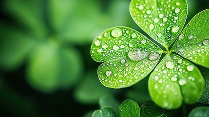 Wall Mural -   Four-leaf clover close-up with water drops and green leaves in background