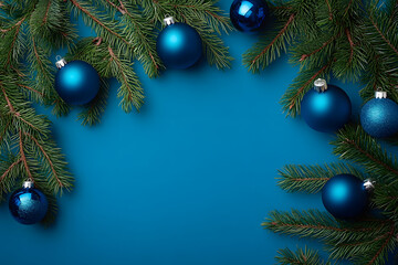 Wall Mural - Christmas flat lay composition with blue baubles and green fir branches on a blue background