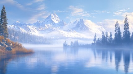 Wall Mural - serene lake reflects snow-capped mountains and foggy forest.