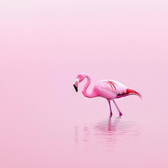 Sticker -   A pink flamingo wading in water with its head submerged