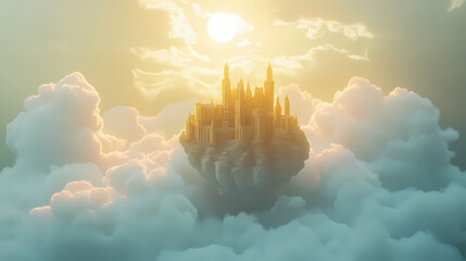 Canvas Print - A floating castle surrounded by clouds and illuminated by a soft, golden light. Aureate. Illustration