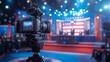 © Maleyka - Realistic, focused cameraman operating a broadcast camera during a presidential debate, candidates in sharp focus, vibrant backdrop
