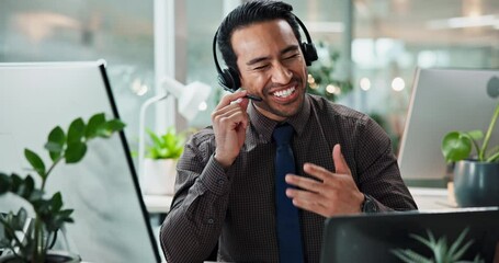 Aufkleber - Call center, customer service and laughing with laptop for loan advice, payment processing and funny client. Inbound assistance, man or communication on headset for friendly CRM support and help desk