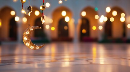 Wall Mural - A serene Eid al-Fitr scene with festive lights and decorative crescent moons against a tranquil mosque courtyard background, macro shot, Minimalist style