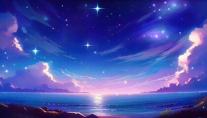 Wall Mural - Anime style sky art wallpaper background. Fantasy sky with beautiful star falls with beautiful flares. Sea shore horizon view