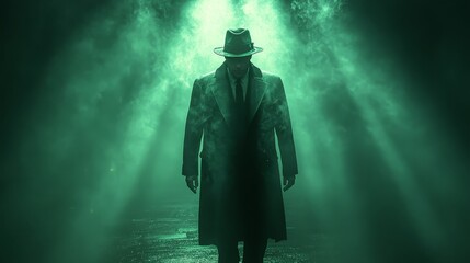 Sticker - A man in a hat and coat is walking in a green light