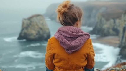 Wall Mural - woman sittion on the coast and seeing the sea in autumn or winter weather