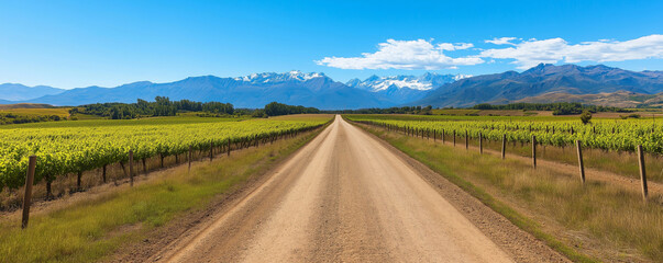 Scenic view of a dirt road crossing lush vineyards in mendoza, argentina, with the snow-capped andes mountains providing a majestic backdrop