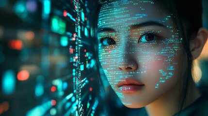 Woman's face overlaid with futuristic digital code. (1)