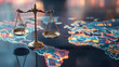 © Prasanth - A global finance law concept with scales of justice overlaid on a world map filled with stock market symbols