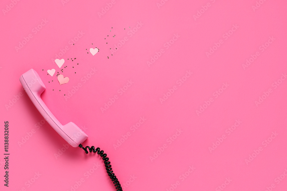 Retro telephone with paper hearts and confetti on pink background