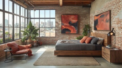 Sticker - A stylish industrial loft bedroom featuring large windows, exposed brick walls, and wooden furniture. The space is well-lit and modern with urban decor elements.