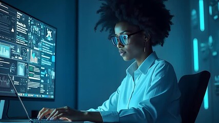 Young woman working on a laptop with data on a computer screen