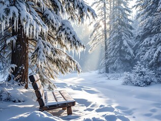 Poster - a serene winter scene with a wooden bench covered in snow, surrounded by snow-covered trees and icicles hanging from them. The sunlight filters through the trees, casting a warm glow on the snowy land