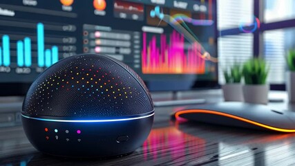Poster - This smart home device sits prominently on a desk, showcasing colorful data visuals on a screen.