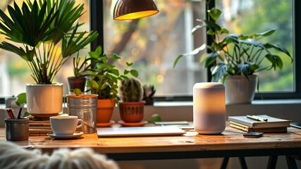 Aufkleber - this cozy workspace with a smart speaker, coffee cup, and greenery creates a welcoming atmosphere.
