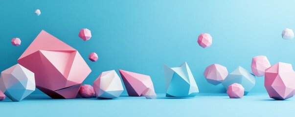 Three-dimensional geometric shapes on a blue background.