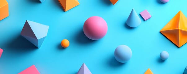 Three-dimensional geometric shapes on a blue background.