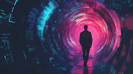 Digital portrait of a hacker with neon code projections from natural gas forming a digital vortex. Vortex. Illustration