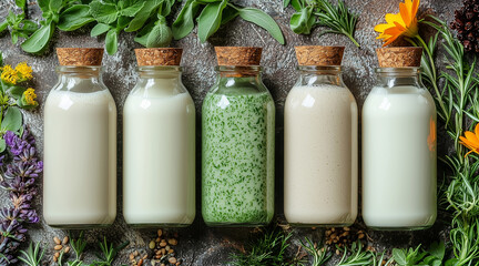 Types of plant-based milk in glass bottles