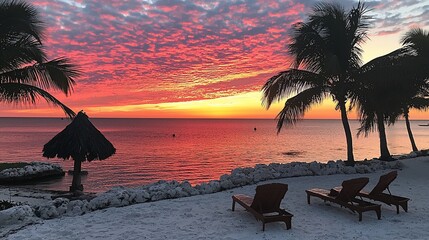 Canvas Print - Vibrant sunset over calm ocean with palm trees and beach loungers.