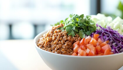 Wall Mural - Healthy Eating Bowl with Minced Meat, Fresh Herbs, Vegetables, Perfect for Food Blogs.