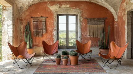 Sticker - This image showcases a bohemian living space featuring leather butterfly chairs, cacti, and woven wall hangings, enhancing its global aesthetic.