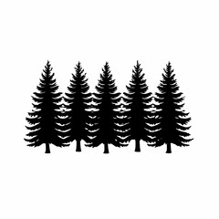 Wall Mural - Five black silhouette pine trees isolated on white background.