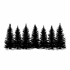 Wall Mural - Silhouetted evergreen trees in a row, set against a white background.