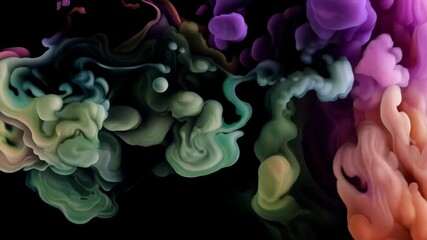 Wall Mural - Colorful ink clouds mix together against a black background, creating mesmerizing abstract shapes and dynamic patterns that evoke a sense of artistic fluidity and vibrant motion