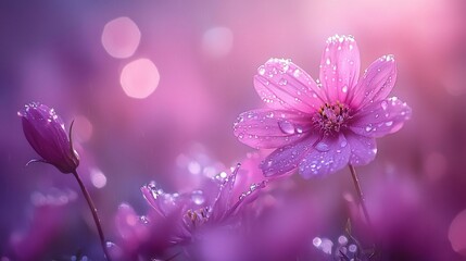 Canvas Print - Dew-kissed pink cosmos flowers in soft focus.