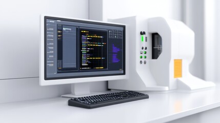 Computer setup with coding interface and machine for processing.