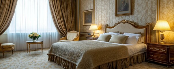 Luxurious interior of the hotel bedroom with bed, decor and window. Wall model