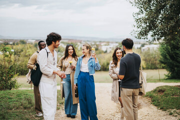 Poster - A group of friends gathers outdoors, enjoying each other's company with drinks and laughter. The casual setting and cheerful atmosphere highlight friendship and relaxation amid a scenic natural