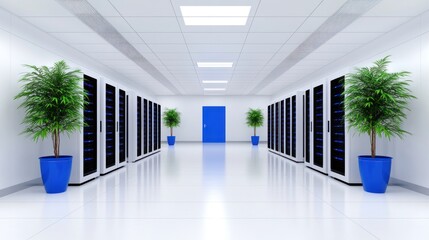  A modern data center with server racks and potted plants.